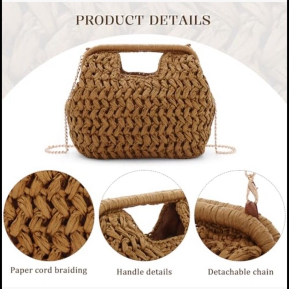 Straw Clutch Purse Summer Beach Woven Bags Top Handle Crossbody Woven Shoulder - Picture 4 of 8